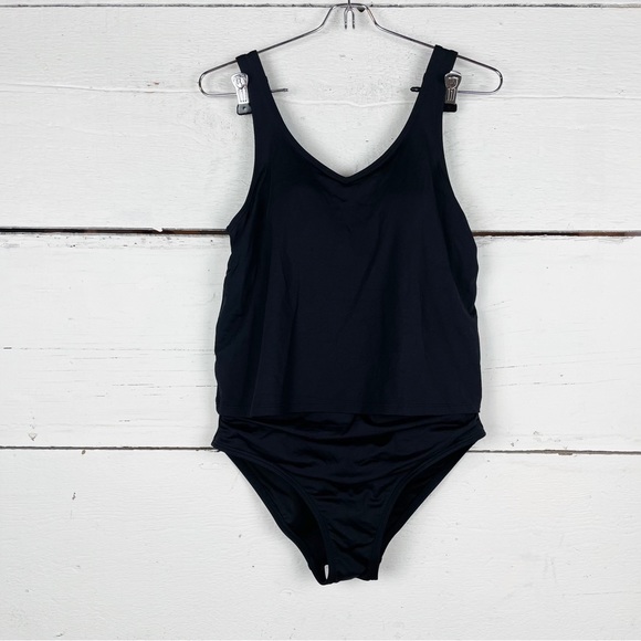 Lands end chlorine resistant v neck one piece fauxini swimsuit faux tank - Picture 3 of 5